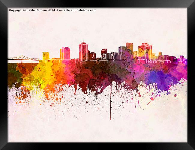 New Orleans skyline in watercolor background Framed Print by Pablo Romero