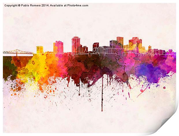 New Orleans skyline in watercolor background Print by Pablo Romero