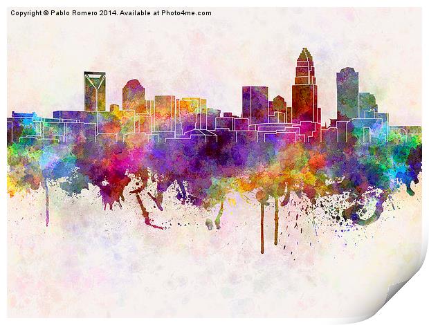 Charlotte skyline in watercolor background Print by Pablo Romero