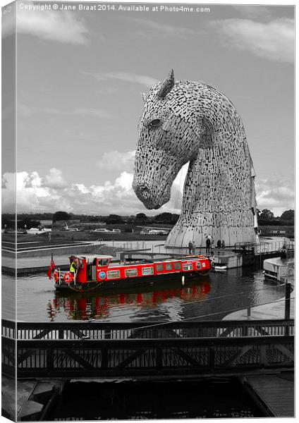 The Majestic Kelpie and the Red Barge Canvas Print by Jane Braat