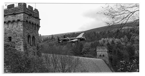 Lancaster PA474 at the Derwent Dam black and white Acrylic by Gary Eason