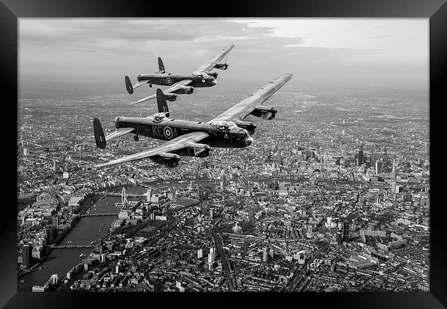 Two Lancasters over Londonblack and white version Framed Print by Gary Eason