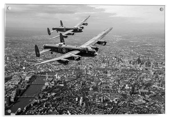 Two Lancasters over Londonblack and white version Acrylic by Gary Eason