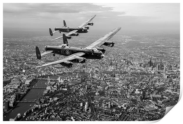 Two Lancasters over Londonblack and white version Print by Gary Eason