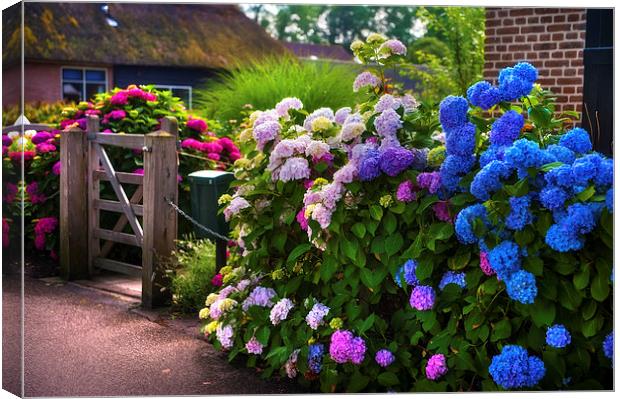  Colorful Hydrangea at the Gate  Canvas Print by Jenny Rainbow