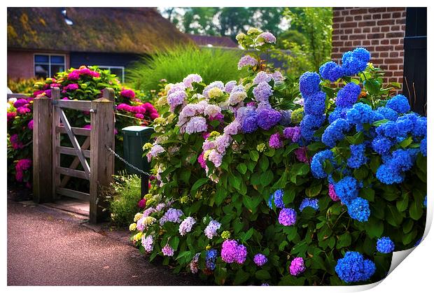  Colorful Hydrangea at the Gate  Print by Jenny Rainbow