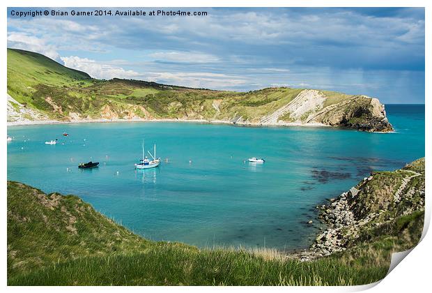 Bright Sky over Lulworth Cove with rain out to sea Print by Brian Garner