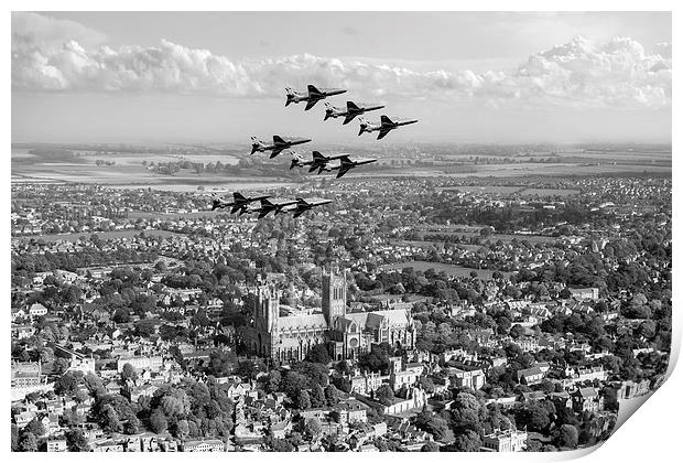Red Arrows over Lincoln black and white version Print by Gary Eason