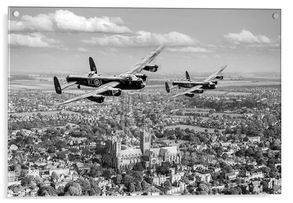Two Lancasters over Lincoln Cathedral black and wh Acrylic by Gary Eason