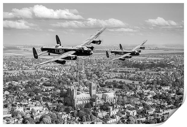 Two Lancasters over Lincoln Cathedral black and wh Print by Gary Eason