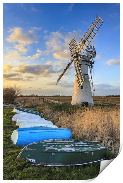 Boats at Thurne Drainage Mill Print by Andrew Ray