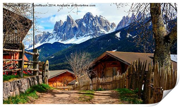 St. Jacob in the Villnoess Valley in South Tyrol w Print by Gisela Scheffbuch