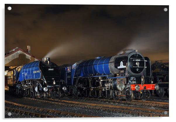  Majestic steam locomotives on shed at night Acrylic by Ian Duffield