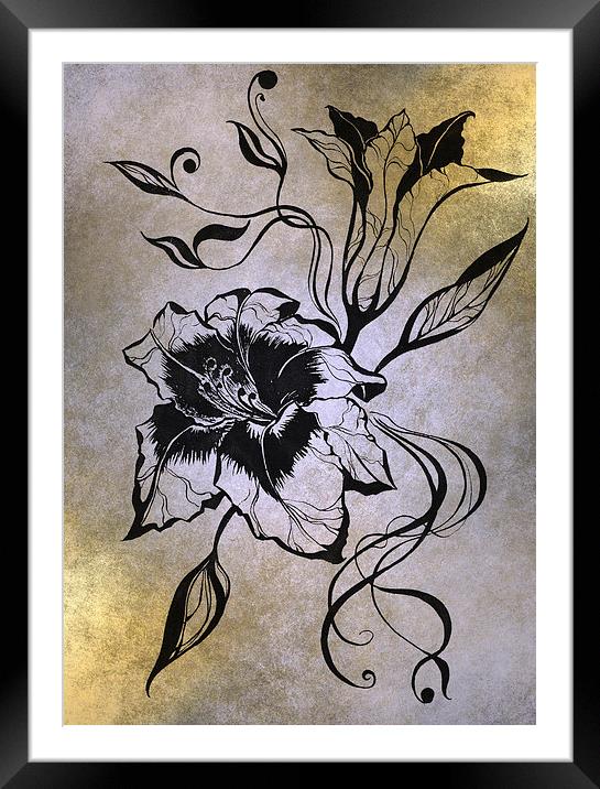 Lily Elegance. Golden  Framed Mounted Print by Jenny Rainbow