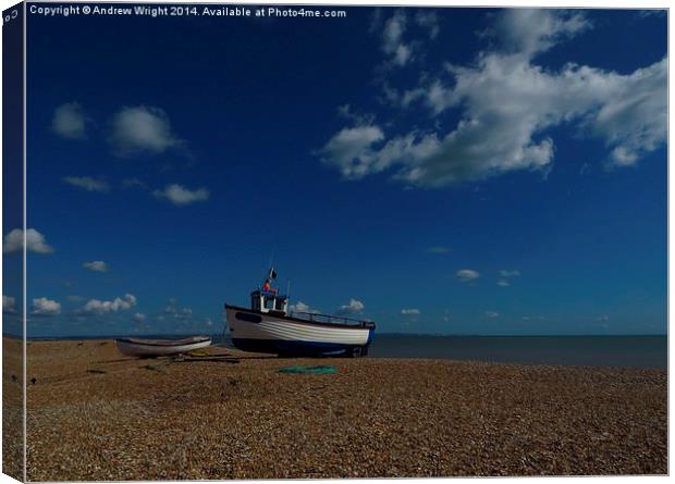  Shingle, Boats and Puffy White Clouds Canvas Print by Andrew Wright