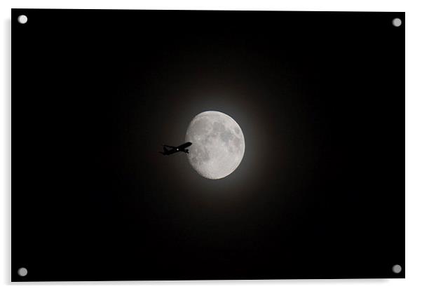 Airliner passing in front of the Moon Acrylic by Gary Eason