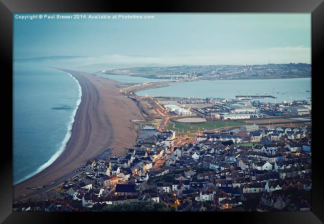 Chesil Beach from Portland Heights at Sunrise Framed Print by Paul Brewer