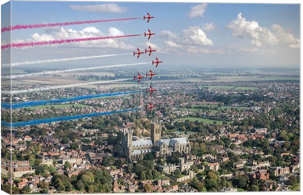 Red Arrows over Lincoln smoke on Canvas Print by Gary Eason