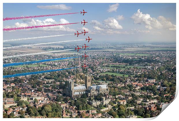 Red Arrows over Lincoln smoke on Print by Gary Eason