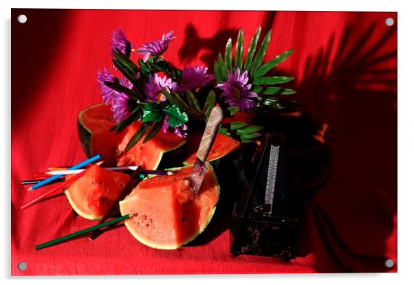  Water melon flowers and a metronome Acrylic by Jose Manuel Espigares Garc
