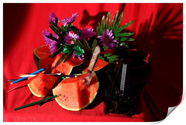  Water melon flowers and a metronome Print by Jose Manuel Espigares Garc