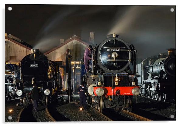  Steam locomotives receive attention on shed at ni Acrylic by Ian Duffield