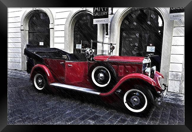  Red Vintage Car in Old Prague  Framed Print by Jenny Rainbow