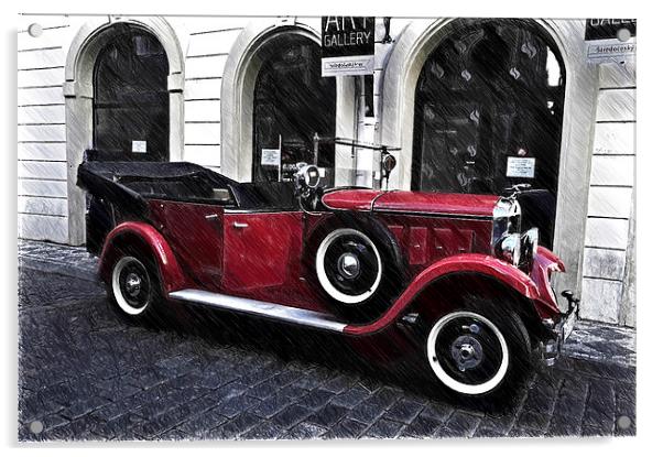  Red Vintage Car in Old Prague  Acrylic by Jenny Rainbow