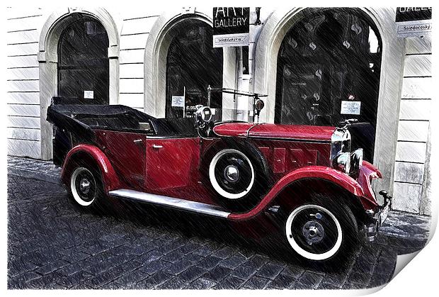  Red Vintage Car in Old Prague  Print by Jenny Rainbow