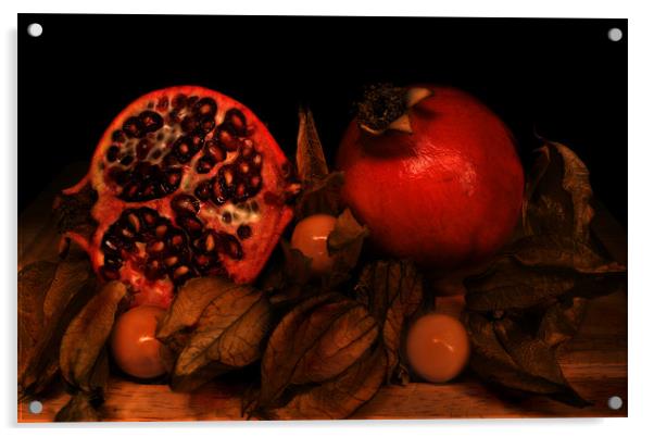 Cut Pomegranates and Physalis Acrylic by Simon Gladwin