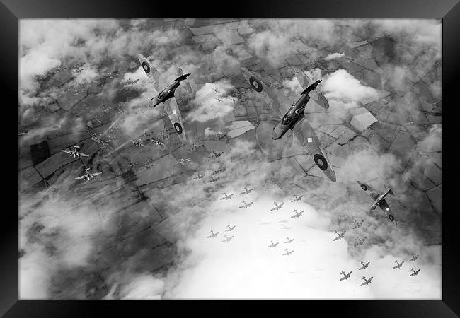 Battle of Britain Spitfires swoop on Heinkel bombe Framed Print by Gary Eason