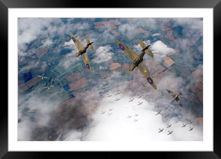 Battle of Britain Spitfires swoop on Heinkel bombe Framed Mounted Print by Gary Eason