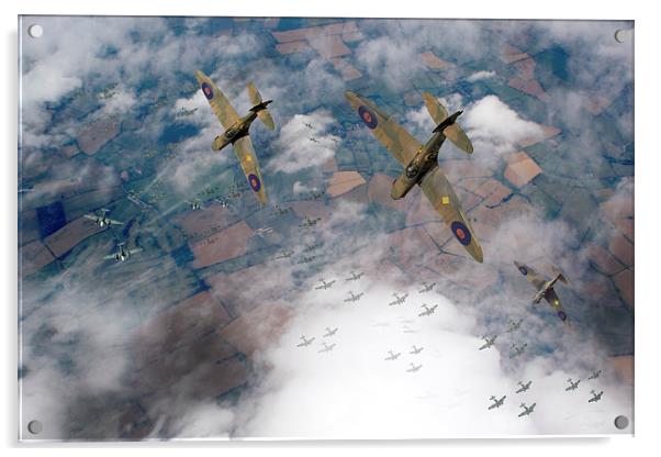 Battle of Britain Spitfires swoop on Heinkel bombe Acrylic by Gary Eason