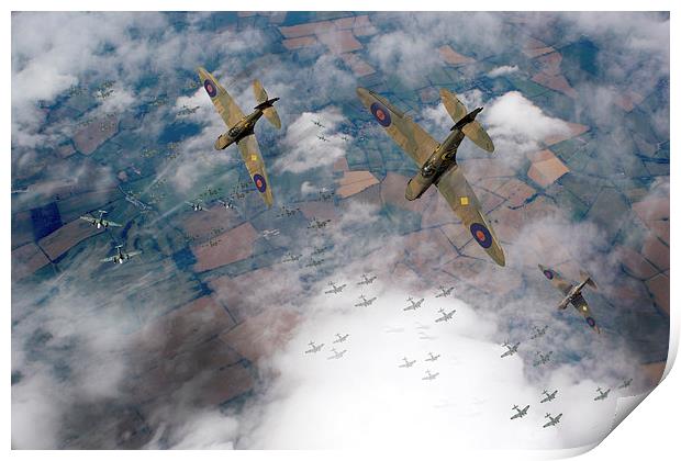 Battle of Britain Spitfires swoop on Heinkel bombe Print by Gary Eason