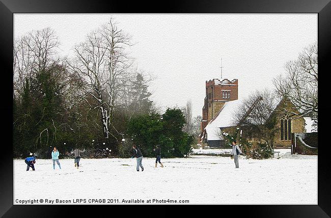 Snowballing on the village green Framed Print by Ray Bacon LRPS CPAGB