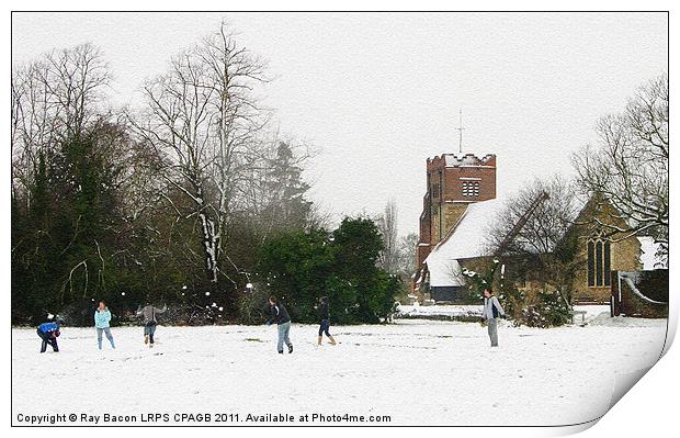 Snowballing on the village green Print by Ray Bacon LRPS CPAGB