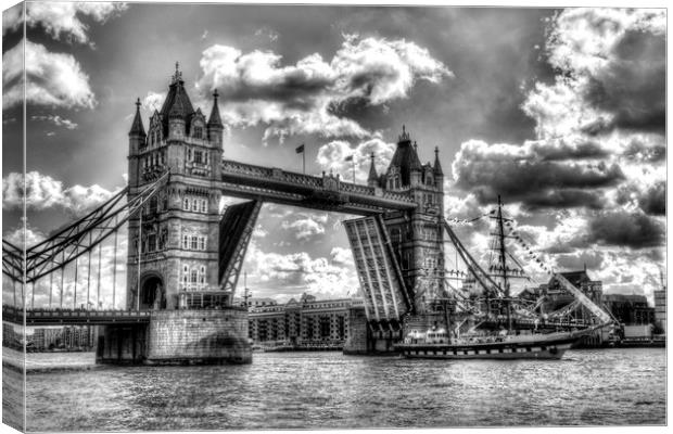 Tower Bridge and passing ship Canvas Print by David Pyatt