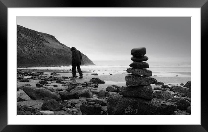  Beach Sculpture & Walker. Framed Mounted Print by Brian Sharland