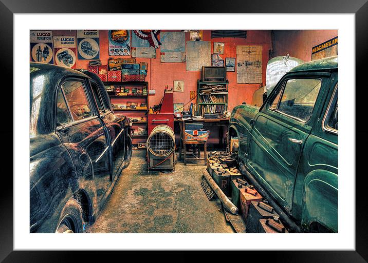  Vintage cars in a garage for repair Framed Mounted Print by Mal Bray