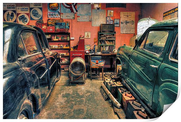  Vintage cars in a garage for repair Print by Mal Bray