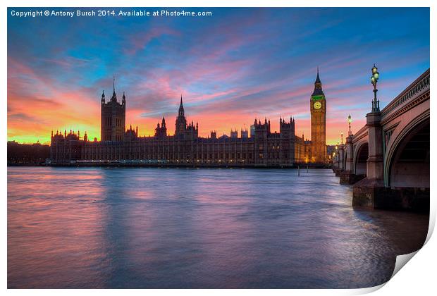  Westminster Sundown Print by Antony Burch