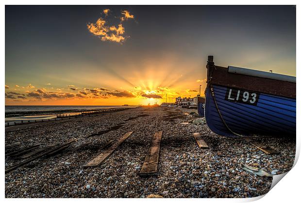  Worthing sunset and fishing boat Print by Simon West