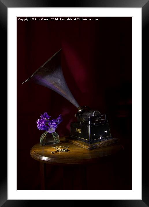 The Phonograph and Sweet Peas Framed Mounted Print by Ann Garrett