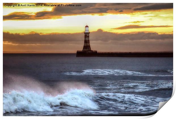  Roker pier and lighthouse sunrise Print by Avril Harris