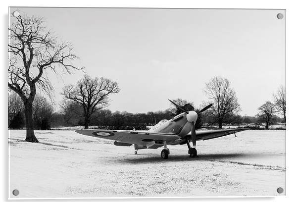 Spitfire in the snow black and white version Acrylic by Gary Eason