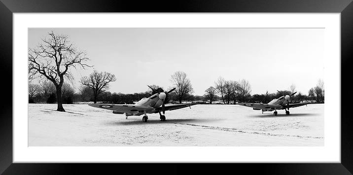 Spitfires in the snow black and white version Framed Mounted Print by Gary Eason