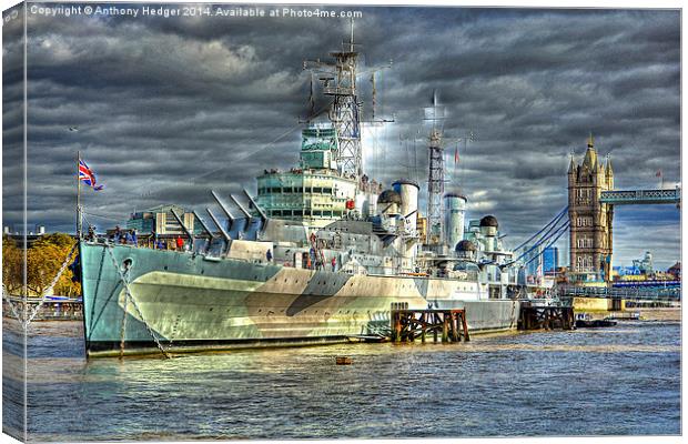   HMS Belfast near Tower Bridge Canvas Print by Anthony Hedger