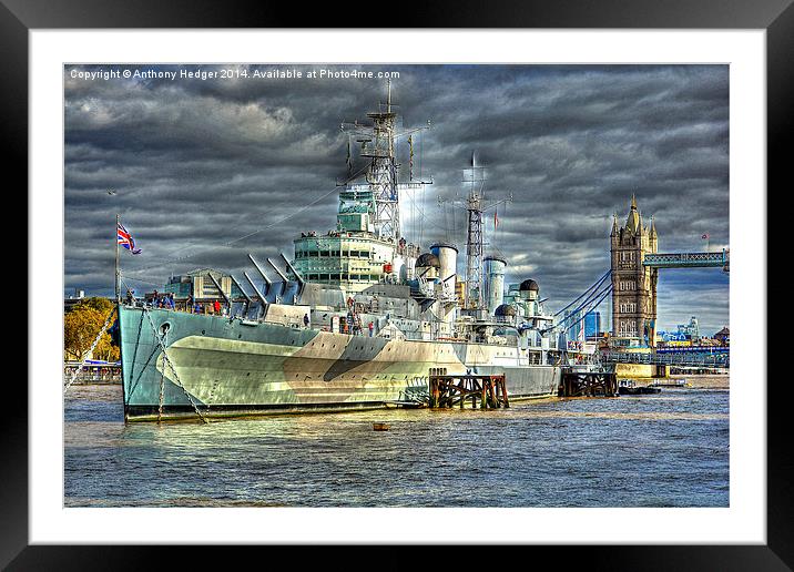   HMS Belfast near Tower Bridge Framed Mounted Print by Anthony Hedger