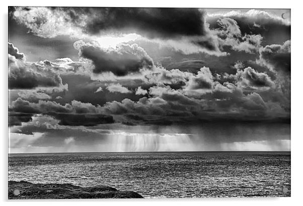 Rainstorm at sea in monochrome. Acrylic by Mark Godden