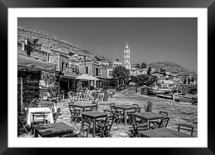 Bell Tower and Tables B&W Framed Mounted Print by Tom Gomez